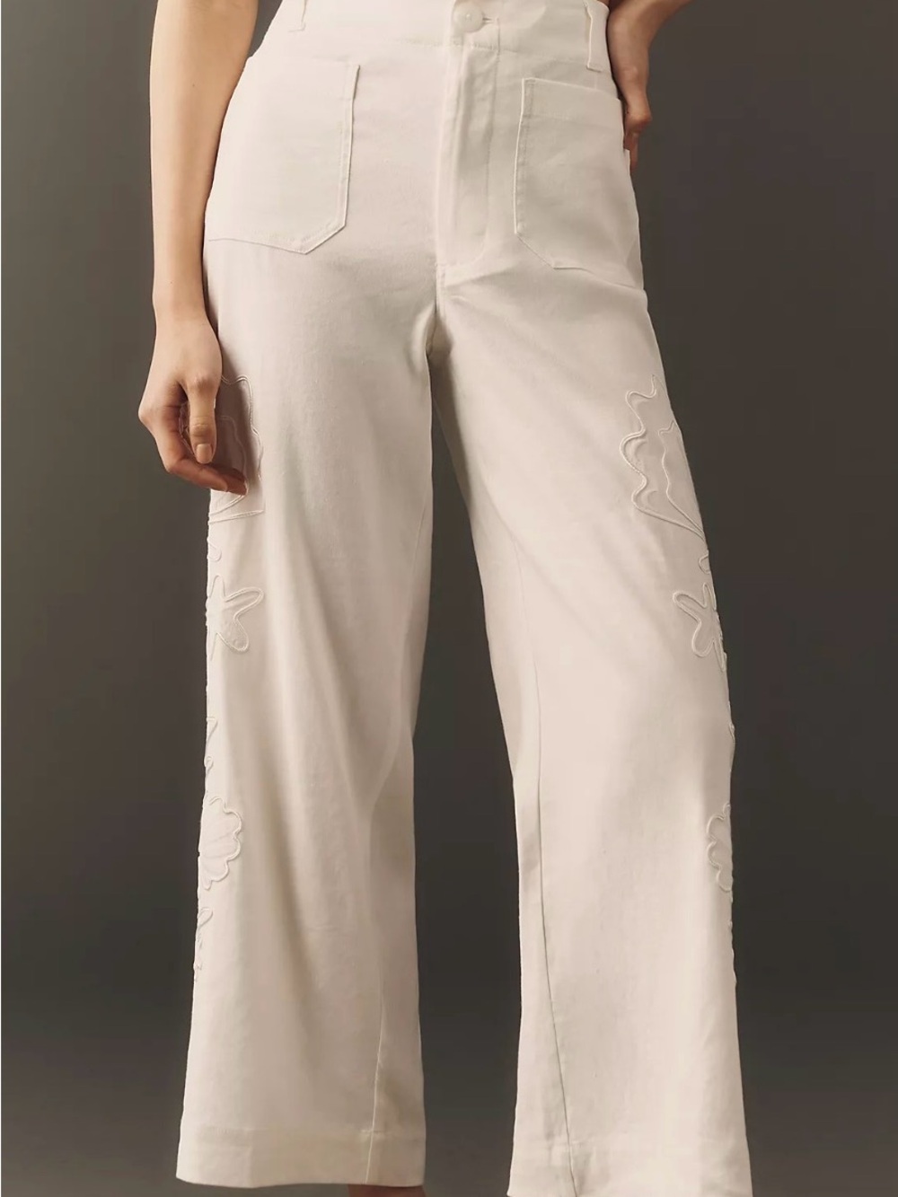 Anthropologie Cream Wide-Leg Embroidered Pocket Pants